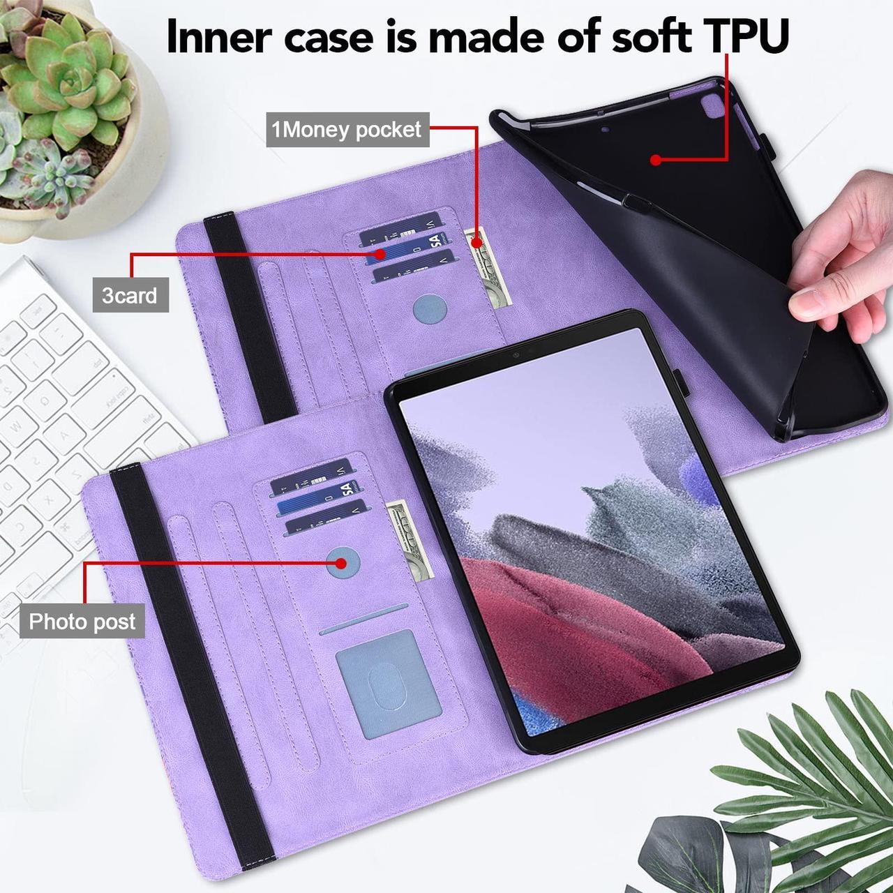 Alt view image 2 of 5 - VODEFOX  Kindle Fire HD 8 8th/7th/6th Generation Case 2016/2017/2018,Embossed Peacock Flower Pattern PU Leather Folio Wallet Shockproof Cover with Pencil Holder Elastic Band - Purple