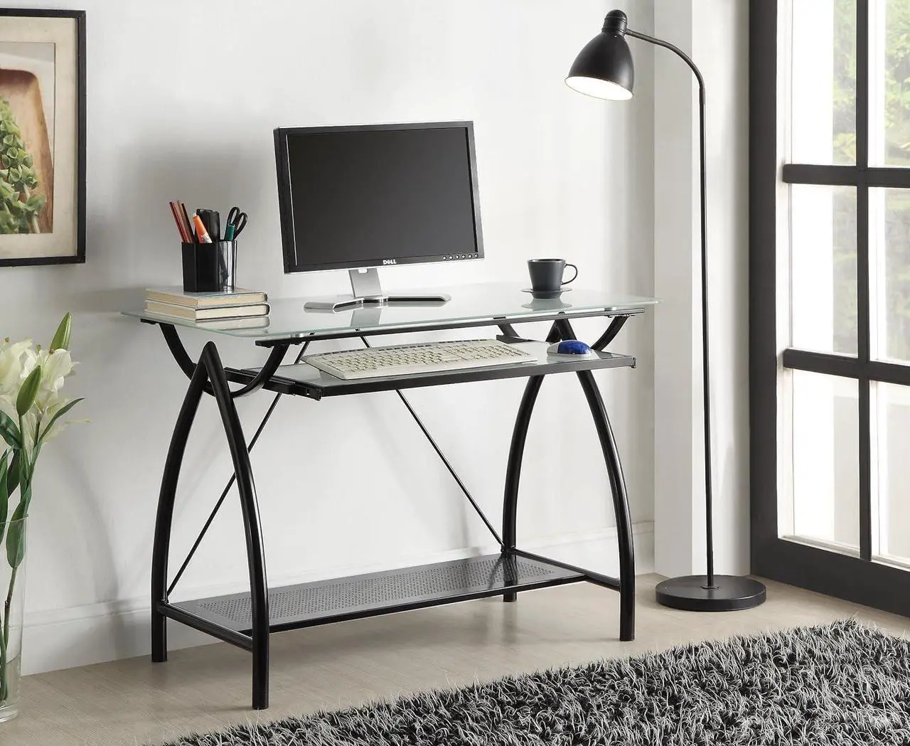 Alt view image 2 of 4 - OSP Designs OSP Designs Newport Computer Desk with Frosted Tempered Glass Top, Pullout Keyboard Tray, and Black Powder Coated Steel Frame