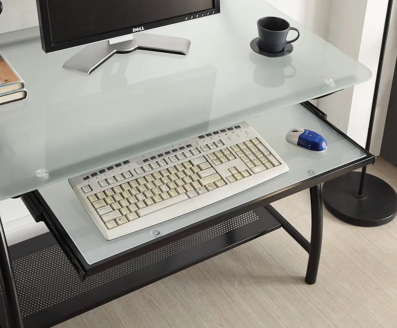 Alt view image 4 of 4 - OSP Designs OSP Designs Newport Computer Desk with Frosted Tempered Glass Top, Pullout Keyboard Tray, and Black Powder Coated Steel Frame