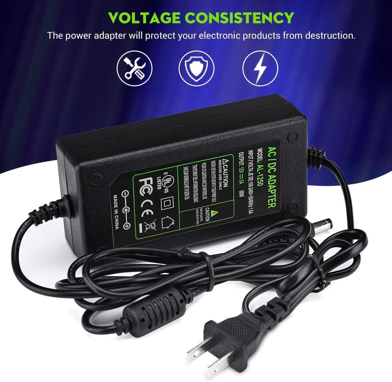 Alt view image 4 of 7 - DC 12V 5A Power Supply Adapter US Plug 4.6FT Power Cord AC 100-240V to DC 12V 5A Switching Transformer Jack 5.5mm x 2.5mm for LED Strip Light Cameras CCTV