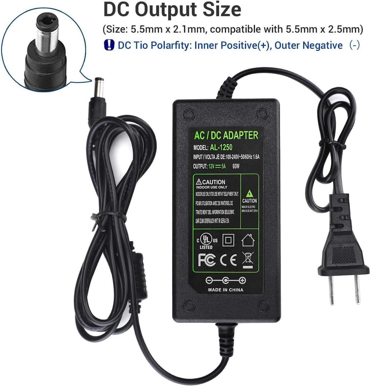 Alt view image 6 of 7 - DC 12V 5A Power Supply Adapter US Plug 4.6FT Power Cord AC 100-240V to DC 12V 5A Switching Transformer Jack 5.5mm x 2.5mm for LED Strip Light Cameras CCTV