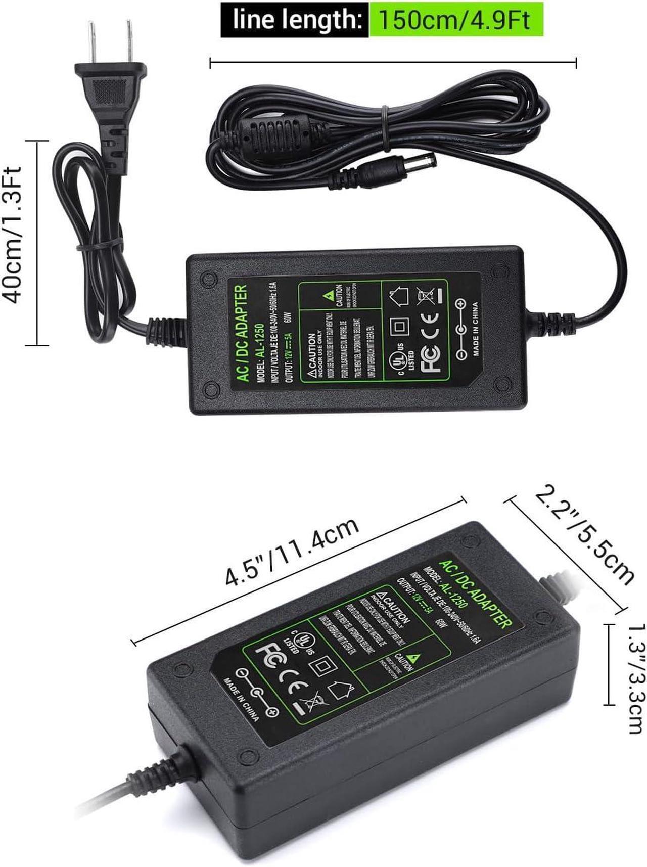 Alt view image 7 of 7 - DC 12V 5A Power Supply Adapter US Plug 4.6FT Power Cord AC 100-240V to DC 12V 5A Switching Transformer Jack 5.5mm x 2.5mm for LED Strip Light Cameras CCTV