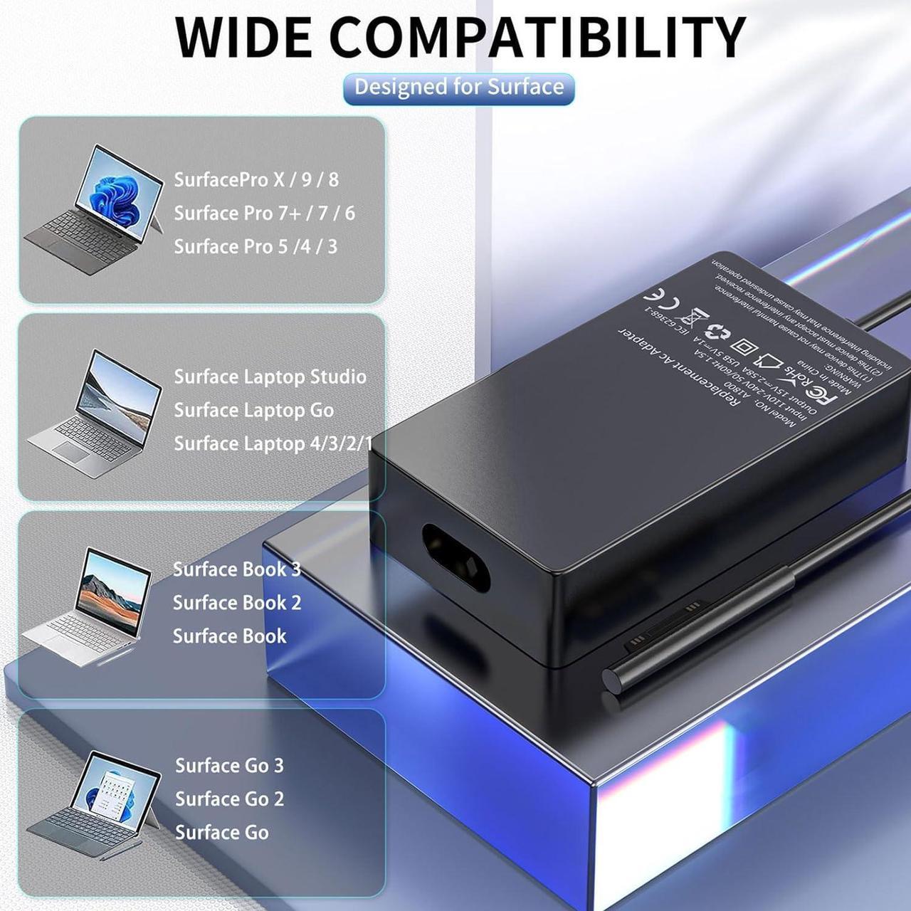 Alt view image 2 of 6 - Surface Pro Laptop Charger 65W Power Adapter for Microsoft Surface Pro 3/4/5/6/7/8/9/X, Windows Surface Laptop 6/5/4/3/2/1, Surface Book 3/2/1, Surface Go Tablet, 6.5FT Power Cord
