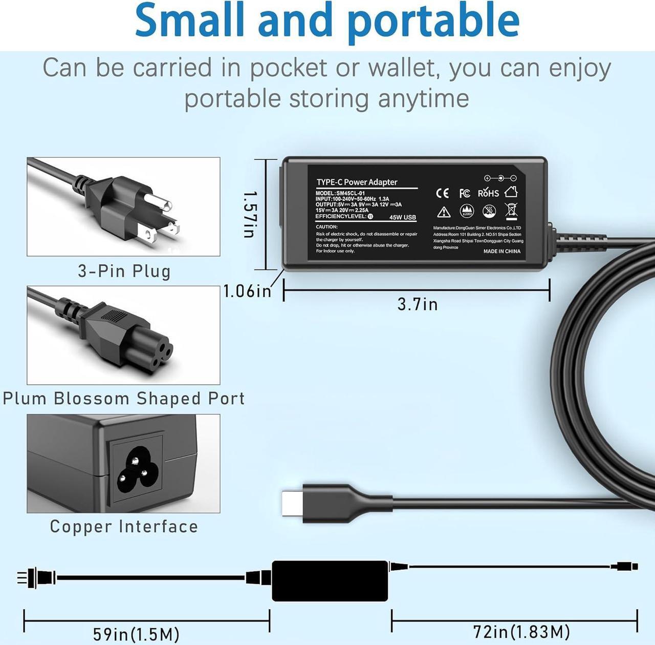 Alt view image 4 of 7 - 45W USB C Chromebook Charger Replacement for Hp Chromebook X360 11 13 14 14A HP Spectre X360 13 Dell, Lenovo, Acer, Asus, Samsung, Google School Chromebook Type C Laptop Charger Power Cord