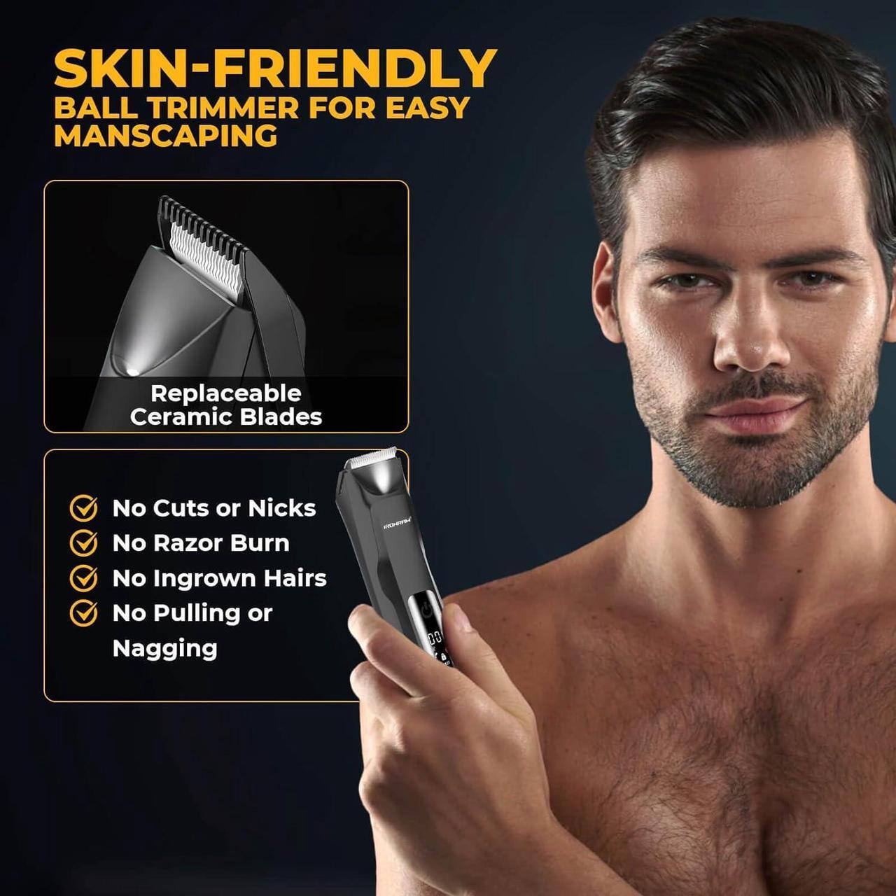 Alt view image 2 of 7 - Ball Trimmer - Men's Electric Pubic Hair Trimmer with Waterproof Shaver, Replaceable Ceramic Blade Heads, Wet/Dry Groomer