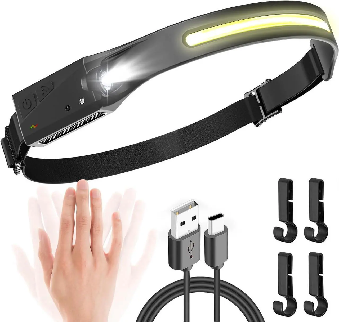 Main image of Headlamp Rechargeable, 230° Wide Beam Head Lamps LED Super Bright, Rechargeable Headlamp Flashlight USB C, Motion Sensor Head Lights for Forehead, 5 Modes Hard Hat Headlamp for Adults Running Camping