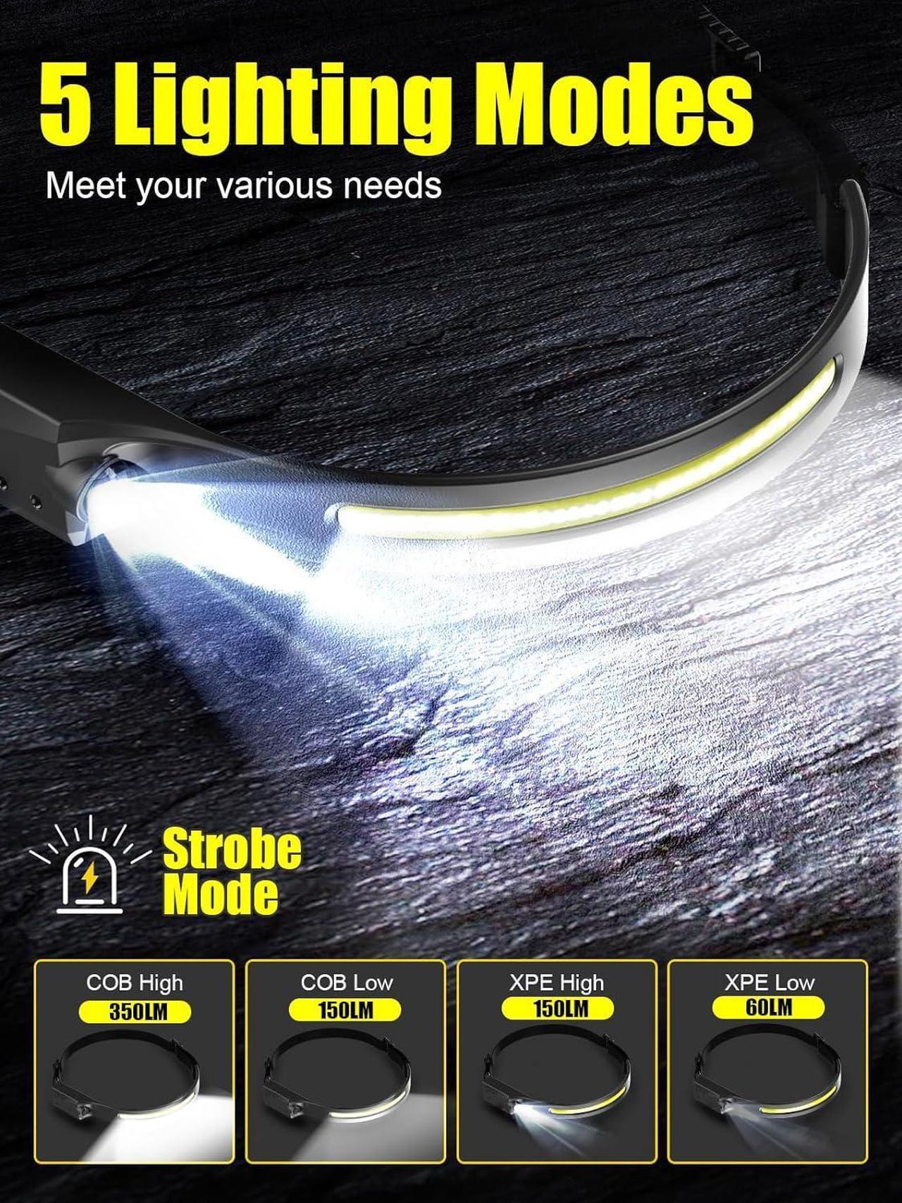 Alt view image 2 of 7 - Headlamp Rechargeable, 230° Wide Beam Head Lamps LED Super Bright, Rechargeable Headlamp Flashlight USB C, Motion Sensor Head Lights for Forehead, 5 Modes Hard Hat Headlamp for Adults Running Camping