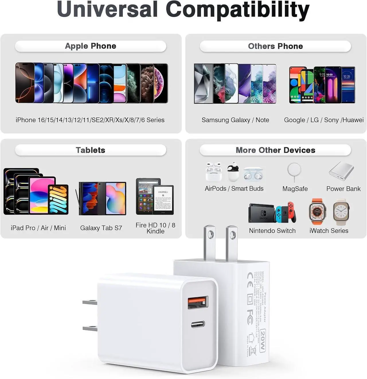 Alt view image 3 of 6 - USB C Wall Charger Block 20W 2-Pack Dual Port PD Power Delivery Fast Type C Charging Block Plug Compatible with iPhone 11/12/13/14/15/16/Pro Max XS/XR/X Ipad Pro  Galaxy
