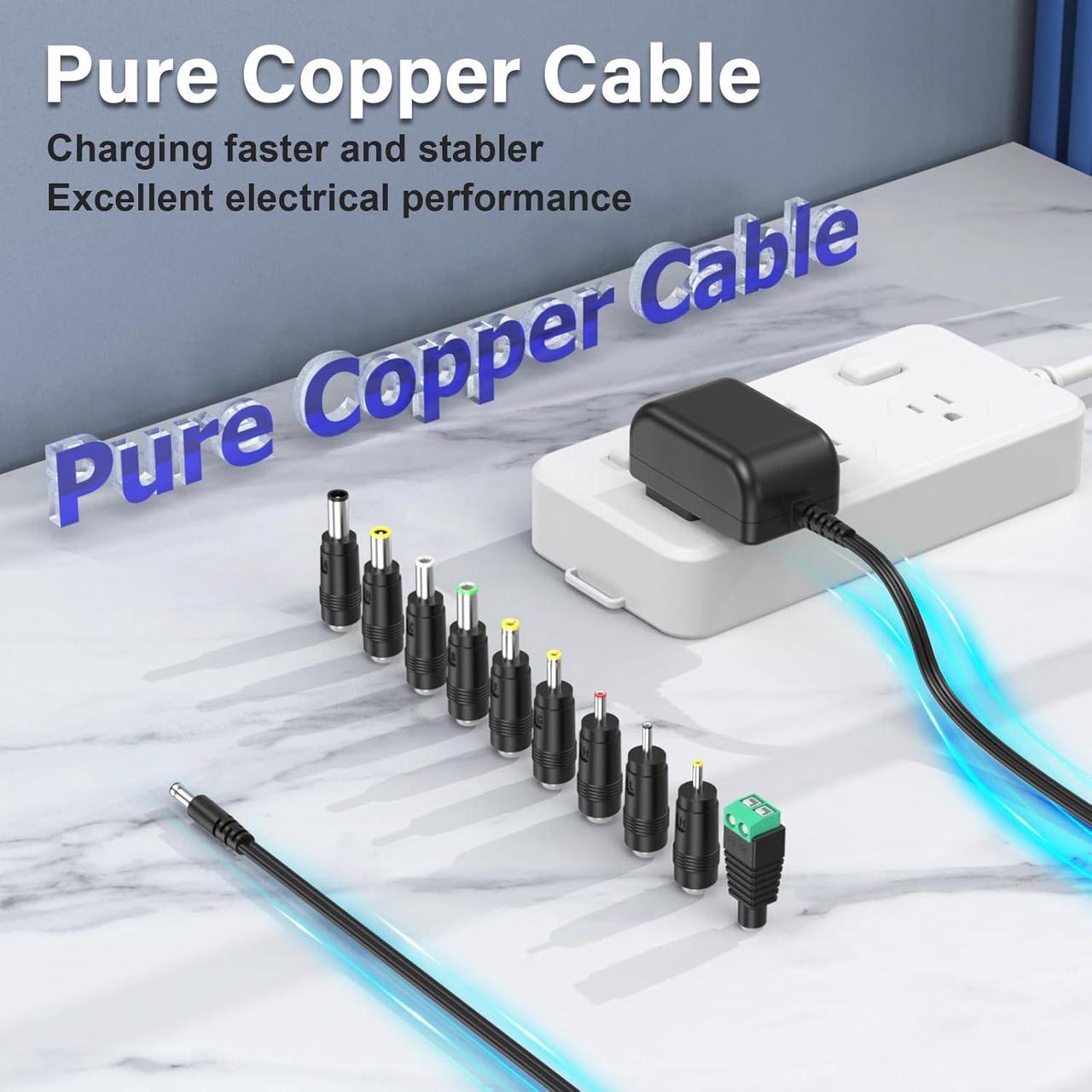 Alt view image 2 of 7 - 9V 1A 0.8A 0.5A Charger 9.0V 1.0A AC Adapter 9W Switching Power Supply DC 9V 1000mA 800mA 600mA 500mA 300mA Adaptor Regulated Transformer Cord with 10 Interchangeable Jacks Plug UL Listed