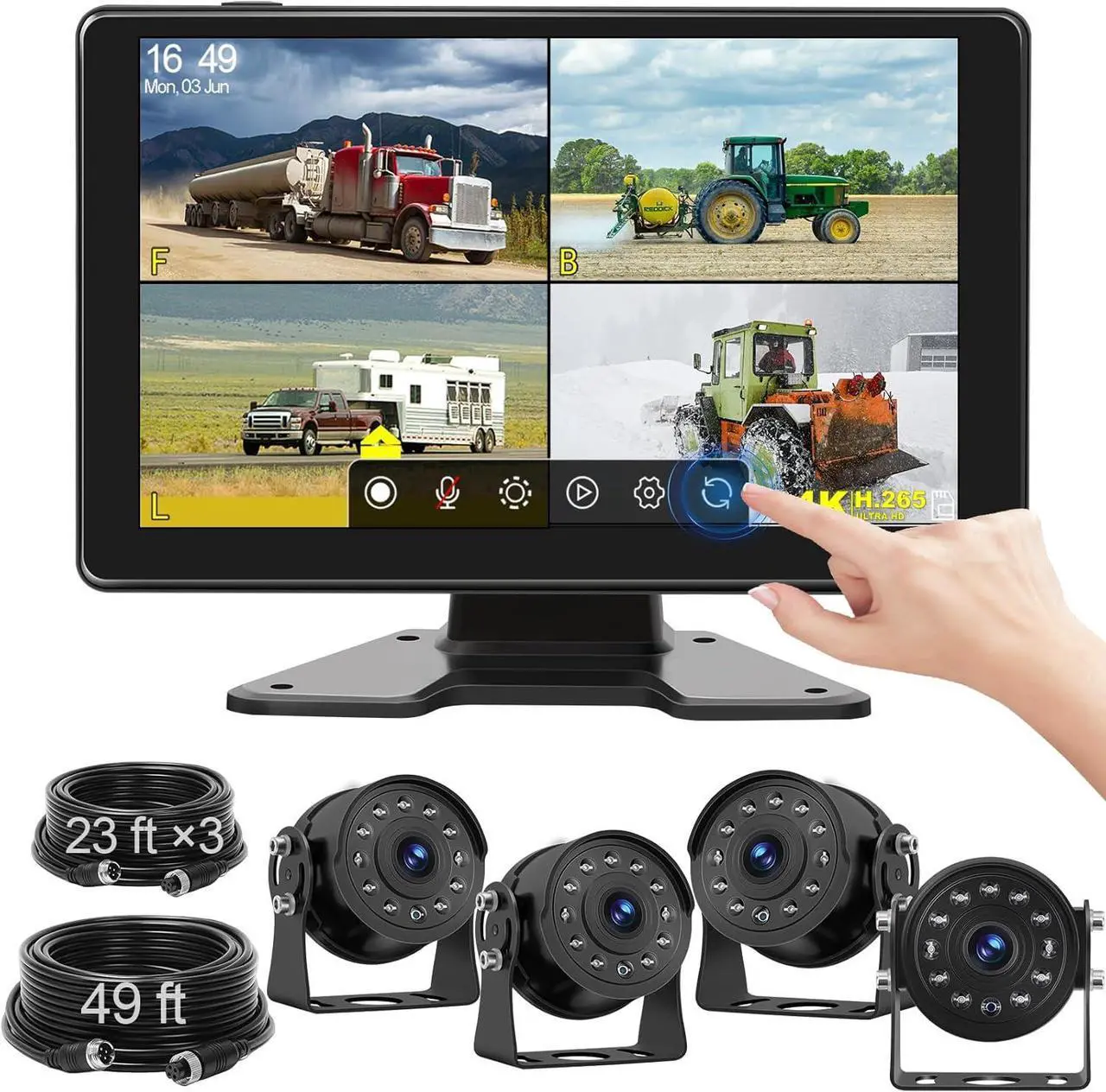 Main image of 9'' RV Backup Camera Wired System, 4 1080P IP68 Waterproof Rear View Cameras with Full Touch IPS Quad Split Screen Monitor 64GB SD Card IR Night Vision Reverse Camera for Truck, Trailer, RV