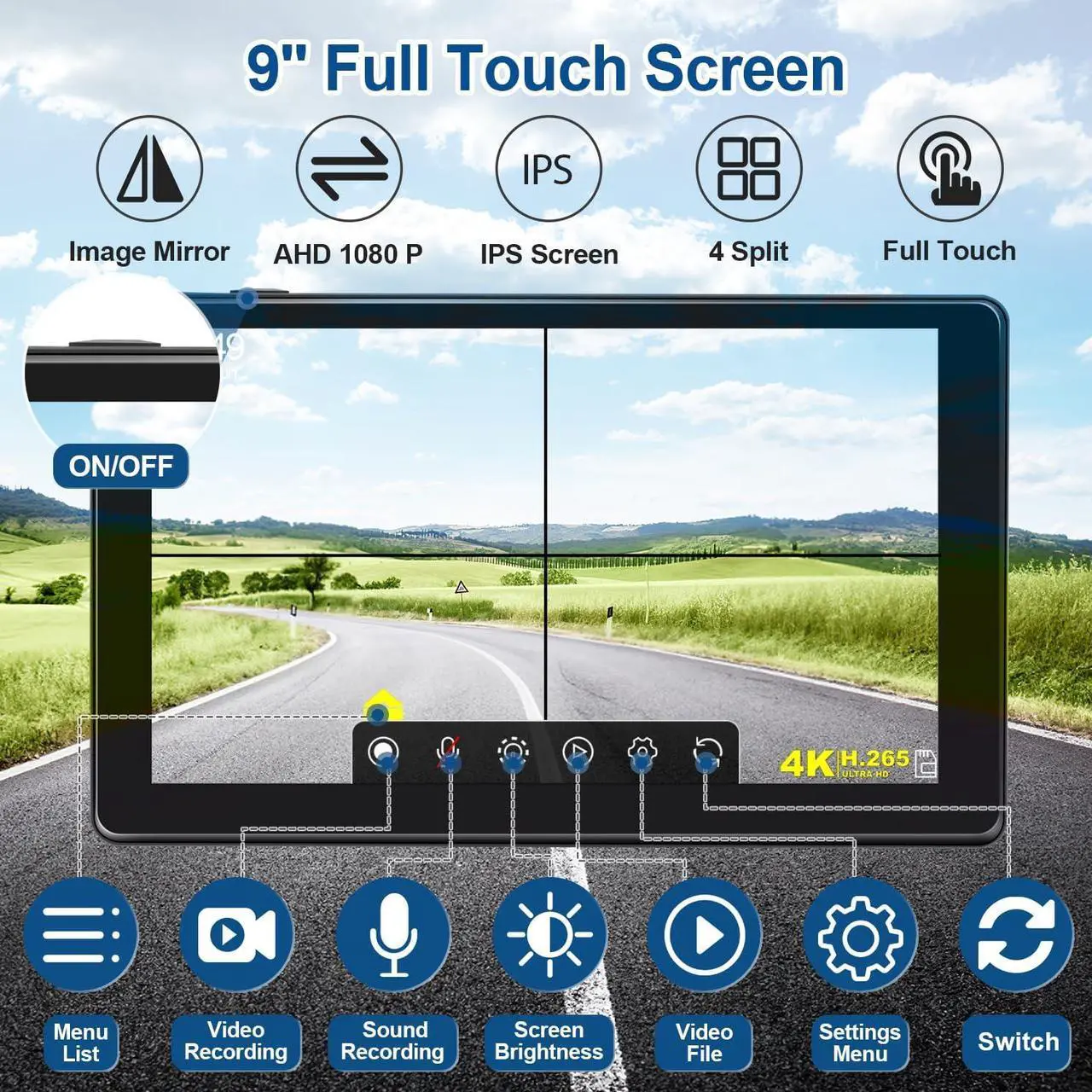 Alt view image 7 of 7 - 9'' RV Backup Camera Wired System, 4 1080P IP68 Waterproof Rear View Cameras with Full Touch IPS Quad Split Screen Monitor 64GB SD Card IR Night Vision Reverse Camera for Truck, Trailer, RV