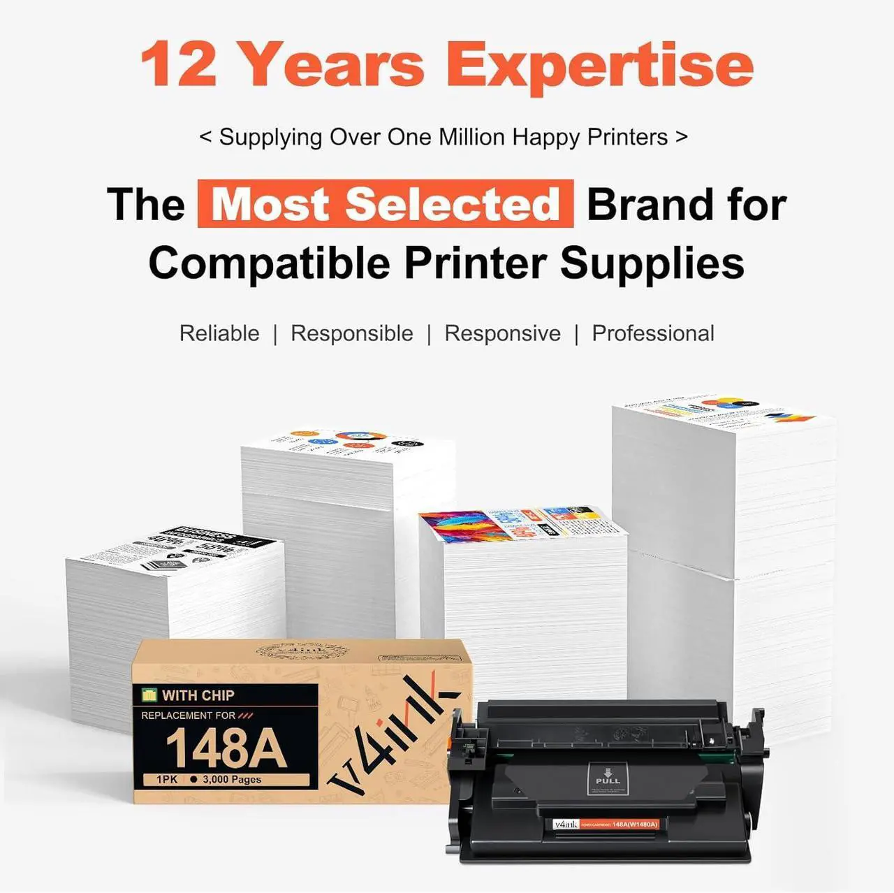Alt view image 5 of 7 - v4ink 148A W1480A (with Chip) Compatible Toner Cartridge Replacement for HP 148A 148X W1480A W1480X for HP Pro 4001 4001n 4001dw 4001dn MFP 4101 4101fdw 4101fdn Printer Ink (2-Pack Black)