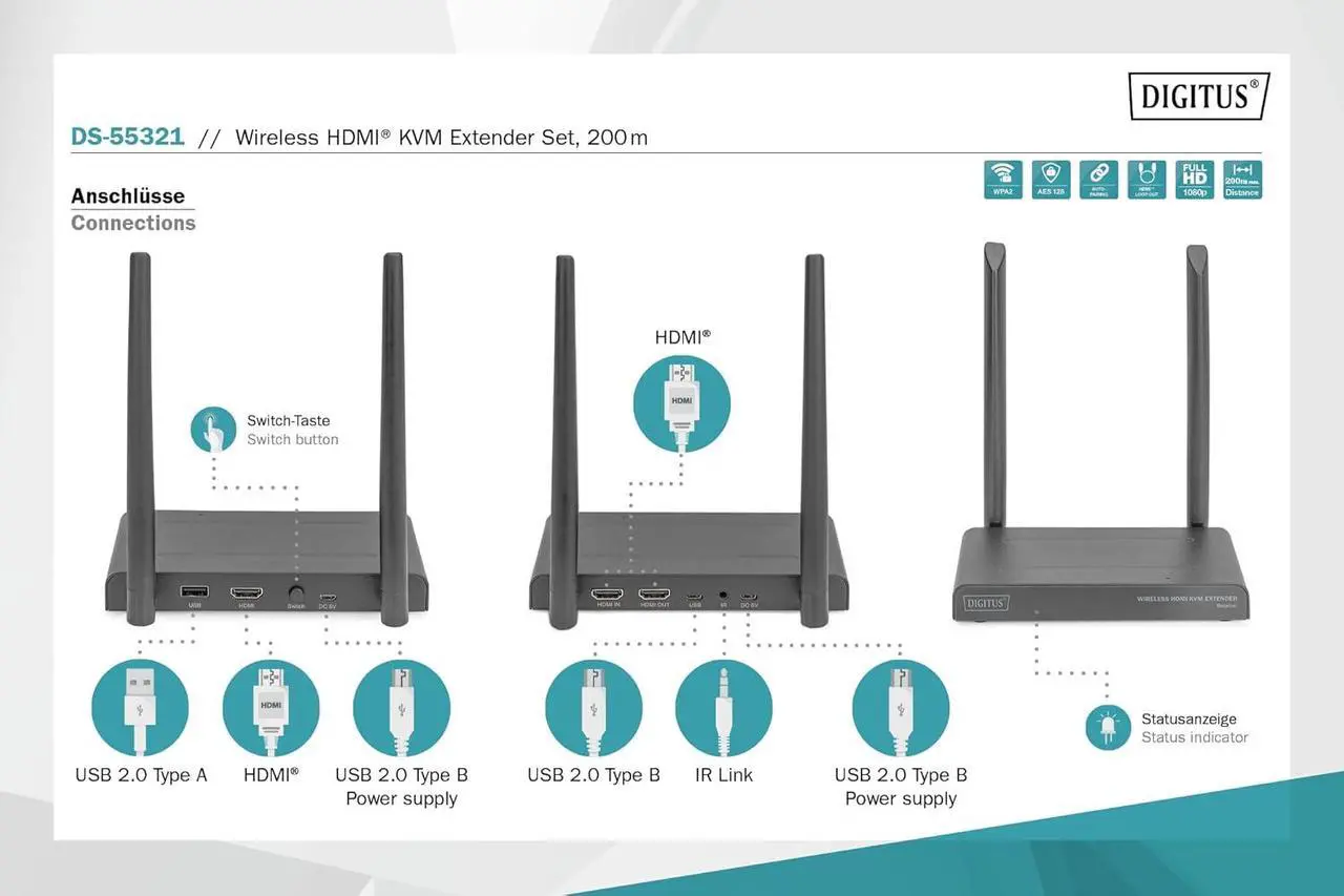 Alt view image 2 of 7 - Ennovor DIGITUS DS-55321 Wireless HDMI KVM Extender - Full HD 1080p 60Hz - 200m range - Set: Transmitter & Receiver - Loop-Out, IR Infrared