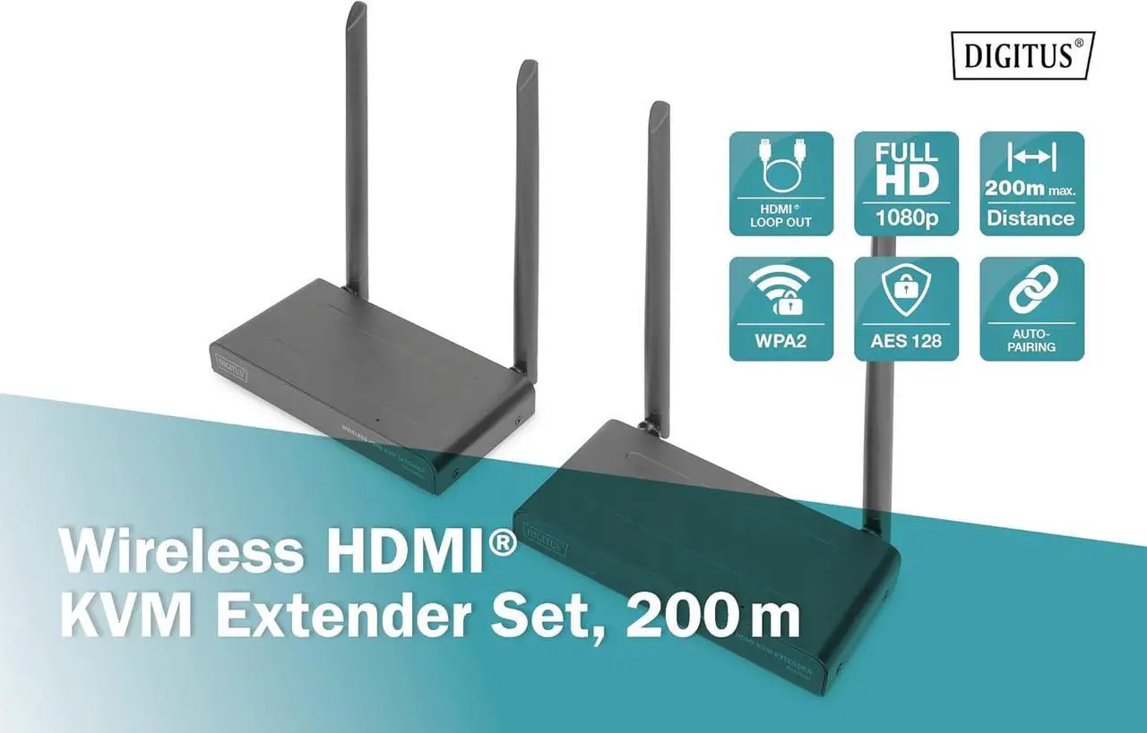Alt view image 4 of 7 - Ennovor DIGITUS DS-55321 Wireless HDMI KVM Extender - Full HD 1080p 60Hz - 200m range - Set: Transmitter & Receiver - Loop-Out, IR Infrared