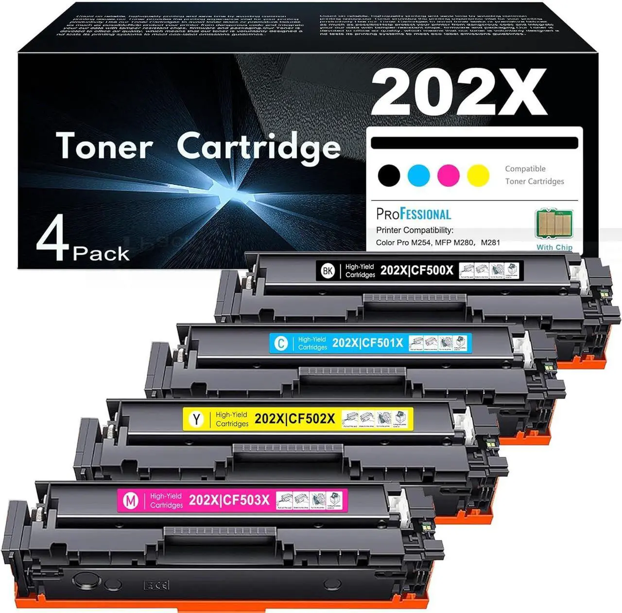 Main image of Ennovor 202X Toner Cartridges 4 Pack High Yield Replacement for HP 202X CF500X 202A CF500A Color Pro MFP M281fdw M281cdw M281fdn M280nw M254dw M254dn M254nw Toner Printer (Black Cyan Magenta Yellow)
