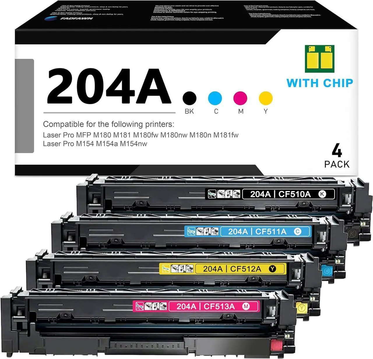 Main image of Ennovor 204A Toner Cartridges 4 Pack(BK/C/M/Y): Compatible CF510A CF511A CF512A CF513A Toner Replacement for HP 204A for M180nw M180n M181fw M180fw M154nw M154a Printer