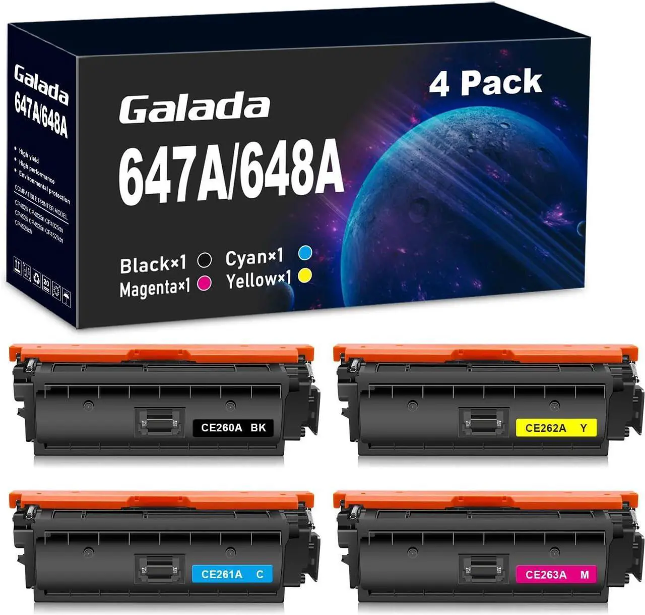 Main image of Ennovor Galada Remanufactured 647A 648A Toner Cartridge Replacement for HP CE260A CE261A CE262A CE263A for CP4025n CP4025dn CP4525n CP4525dn CP4525xh Printer (1BK/1C/1M/1Y, 4 Pack)