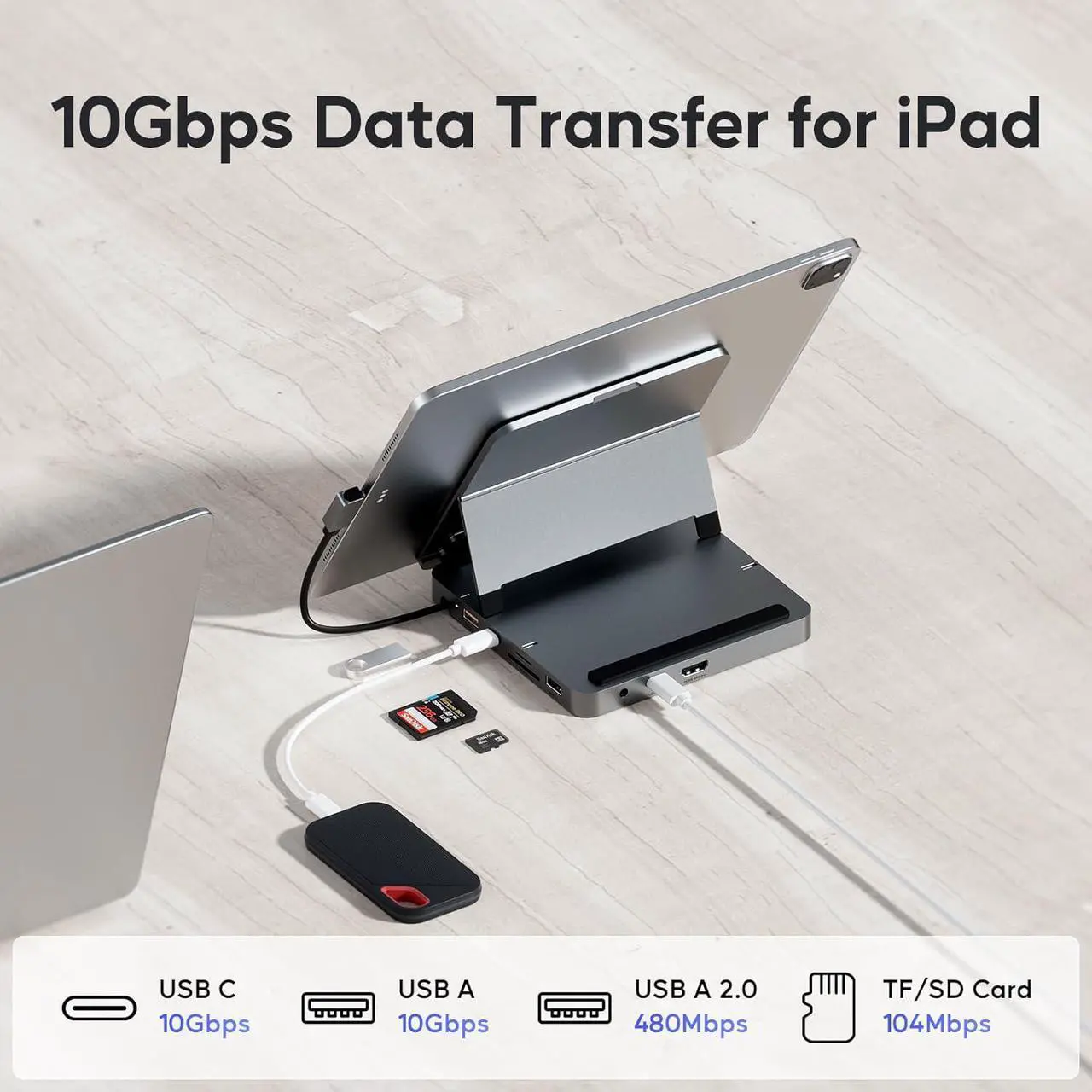 Alt view image 5 of 7 - USB C Hub for iPad Pro, PULWTOP Docking Station for iPad M4, 4K@60Hz HDMI, 100W PD Aluminum Hub with SSD Enclosure, Stand Dock for i-Pad Mini 6th Gen, No Support Lightning Port