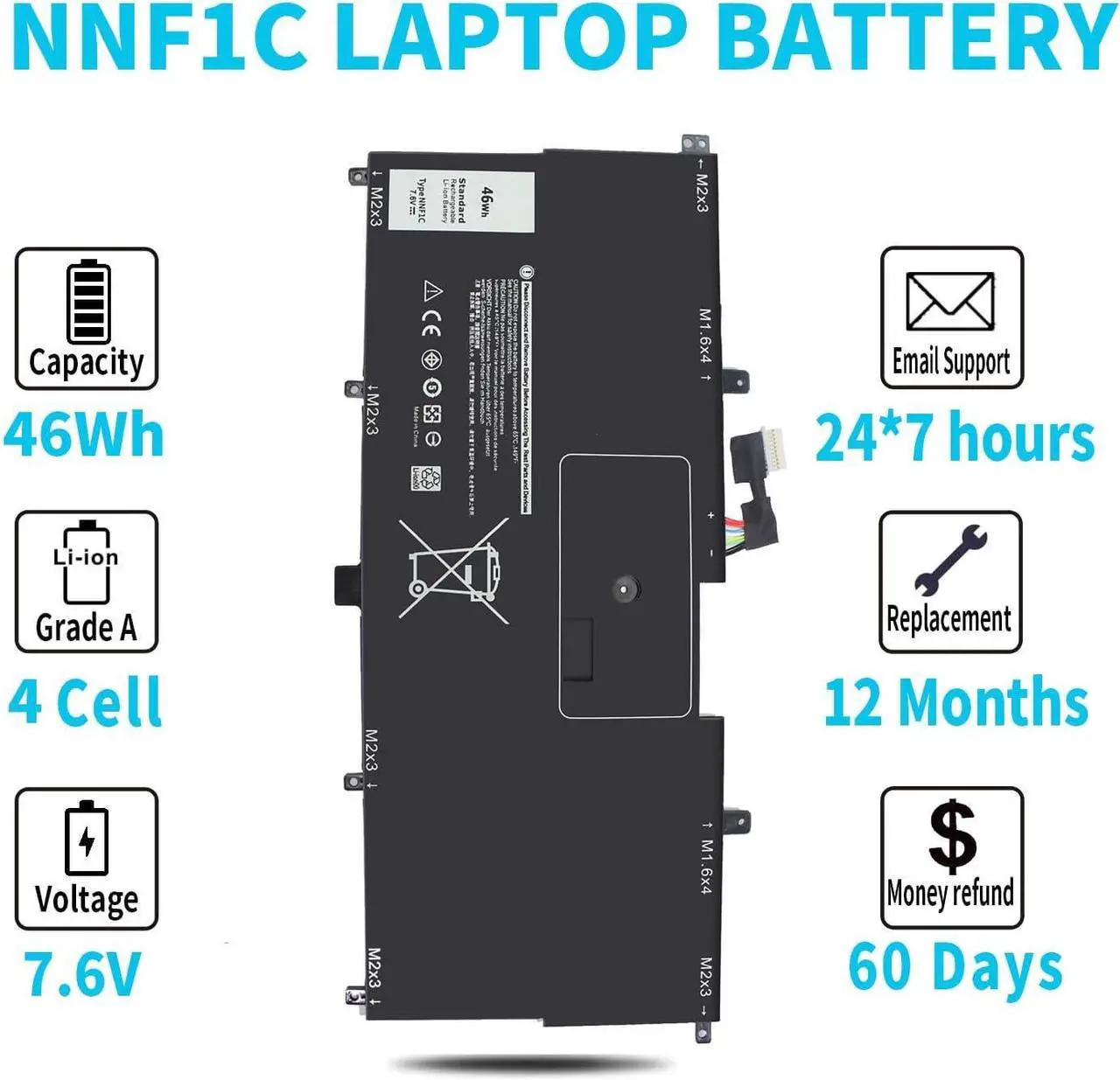 Alt view image 5 of 7 - Emanjor 46Wh Type NNF1C HMPFH Laptop Battery for Dell XPS 13 9365 2-in-1 13-9365 P71G P71G001 NNFIC 0NNF1C 0HMPFH Replacement 7.6V 4-Cell