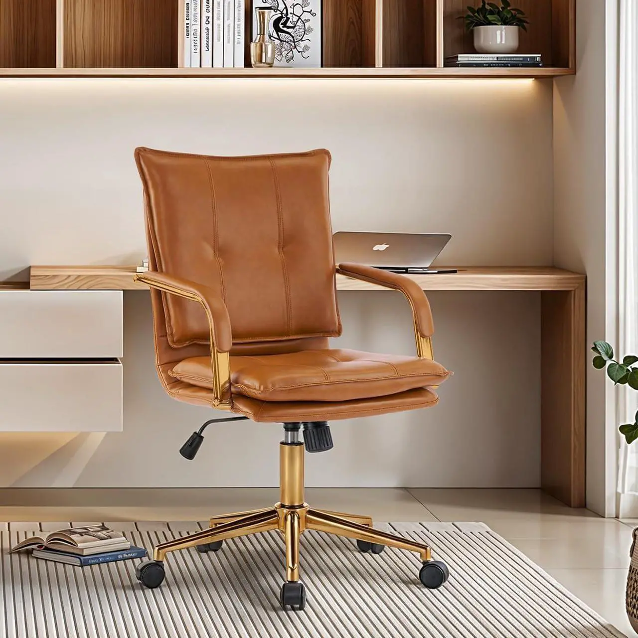 MOJAY Mid-Back Ergonomic Leather Office Desk Chair, Modern Upholstered Computer Chair, Executive Office Chair with Arms, Swivel Adjustable Rolling Chair with Gold Base (Brown)