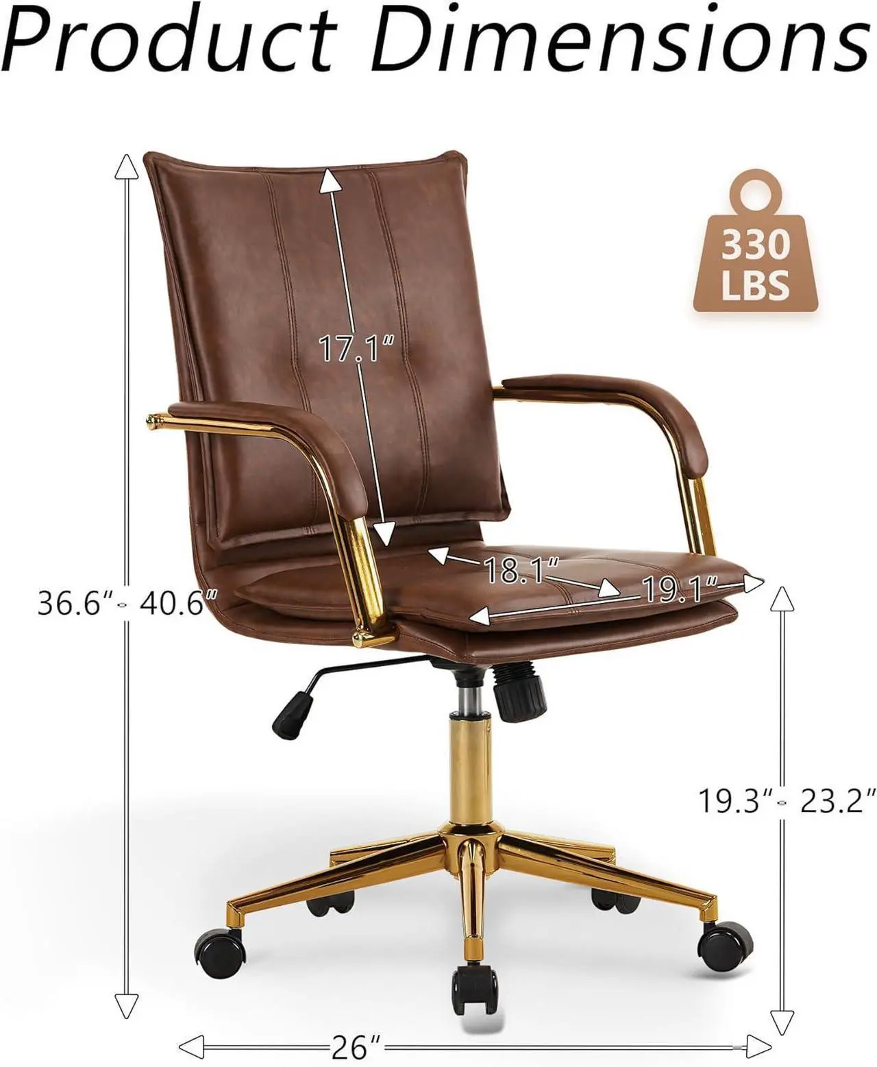 MOJAY Mid-Back Ergonomic Leather Office Desk Chair, Modern Upholstered Computer Chair, Executive Office Chair with Arms, Swivel Adjustable Rolling Chair with Gold Base (Brown) - Thumbnail 4