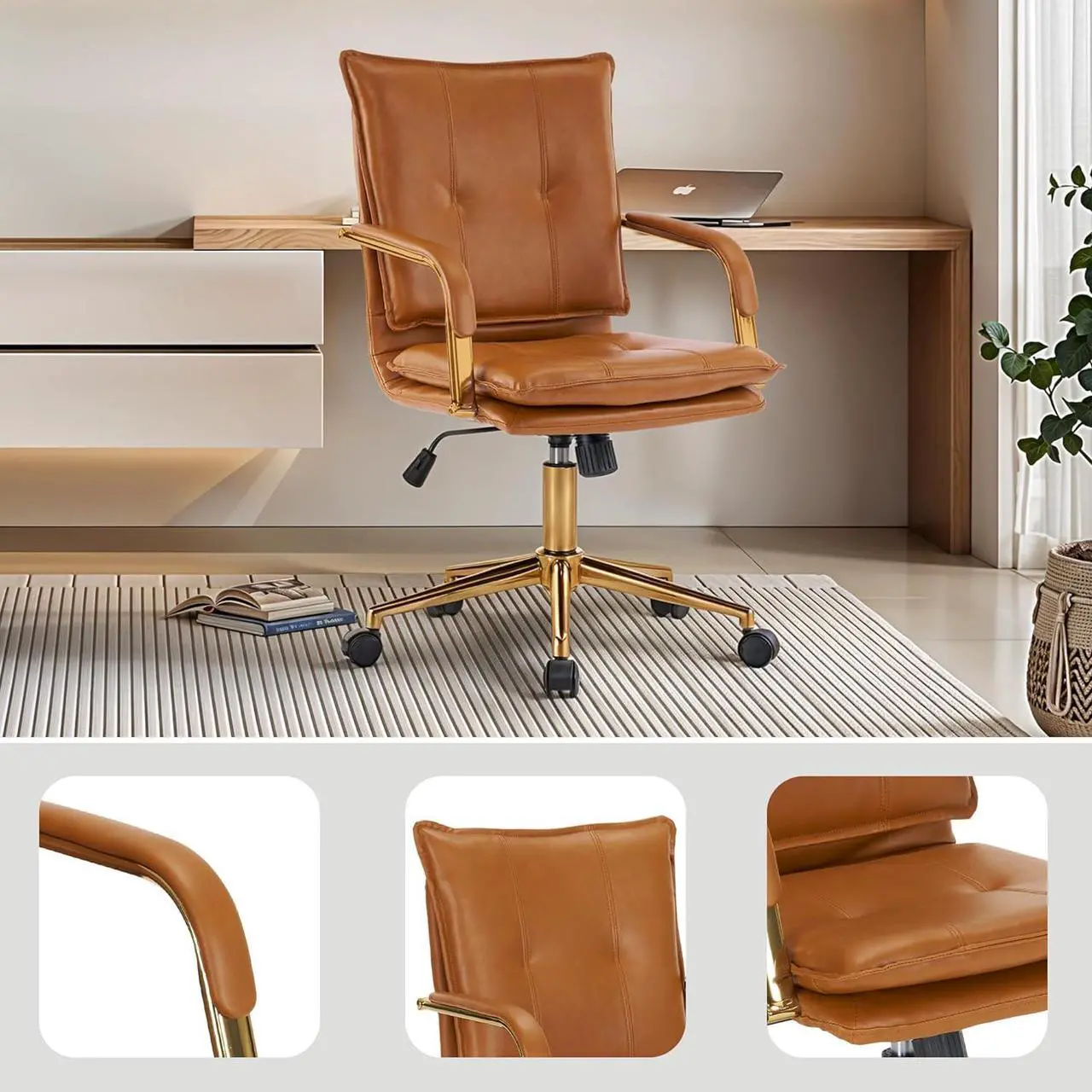 MOJAY Mid-Back Ergonomic Leather Office Desk Chair, Modern Upholstered Computer Chair, Executive Office Chair with Arms, Swivel Adjustable Rolling Chair with Gold Base (Brown) - Thumbnail 2
