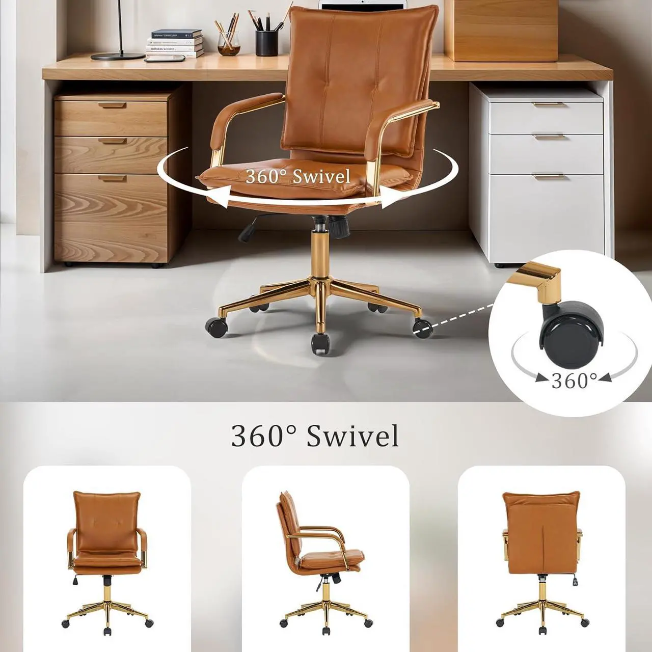 MOJAY Mid-Back Ergonomic Leather Office Desk Chair, Modern Upholstered Computer Chair, Executive Office Chair with Arms, Swivel Adjustable Rolling Chair with Gold Base (Brown) - Thumbnail 5