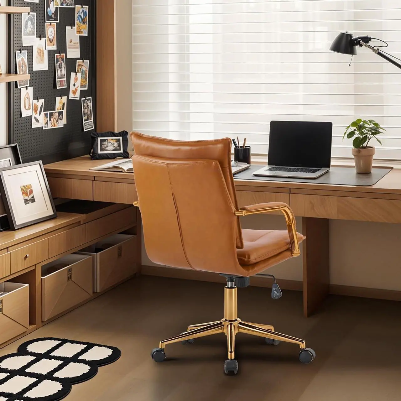 MOJAY Mid-Back Ergonomic Leather Office Desk Chair, Modern Upholstered Computer Chair, Executive Office Chair with Arms, Swivel Adjustable Rolling Chair with Gold Base (Brown) - Thumbnail 3