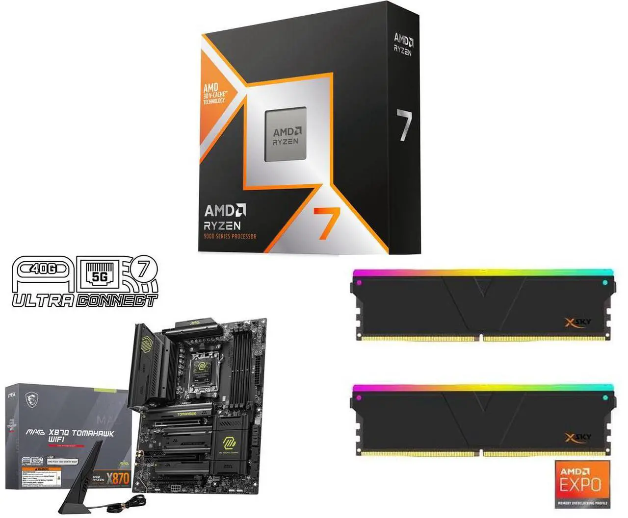 CPU Motherboard Memory Combo -  AMD Ryzen 7 9850X3D CPU + MSI MAG X870 TOMAHAWK MB +  V-Color DDR5 32GB Memory