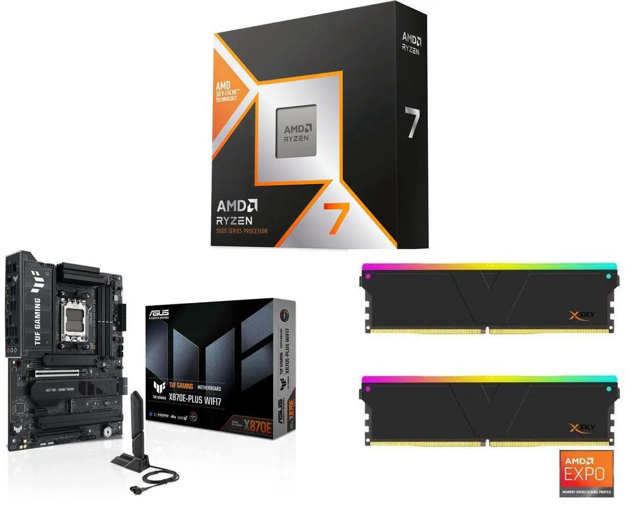 CPU Motherboard Memory Combo -  AMD Ryzen 7 9850X3D CPU + ASUS X870E-Plus MB + V-Color DDR5 32GB Memory