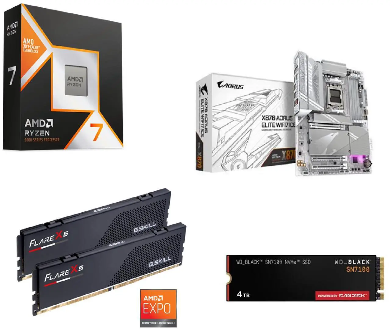 CPU Motherboard Memory Combo w/ Free SSD -  AMD 9850X3D Bundle with  GIGABYTE X870 AORUS ELITE WIFI7 ICE  and G.SKILL F5-6000J3444F64GX2-FX5, plus WD 4TB SSD