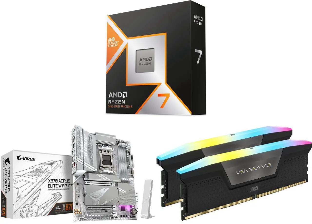 AMD Combo - RYZEN 7 9850X3D with GIGABYTE X870 AORUS ELITE WIFI7 ICE and CORSAIR Vengeance RGB 64GB (2 x 32GB) 288-Pin PC RAM DDR5 6400 (PC5 51200)