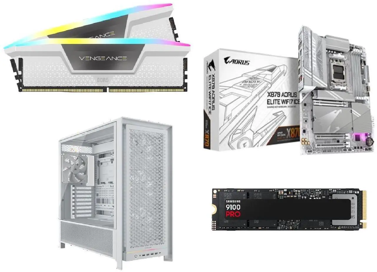Motherboard Memory SSD Computer Case Combo -  GIGABYTE X870 AORUS ELITE WIFI7 ICE Bundle with  Corsair D5 6400 16GB x 2 RGB and SAMSUNG 2TB M.2 SSD and Corsair Frame 5000D RS White Case
