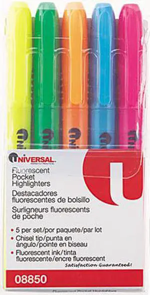 Universal 08850 Pocket Highlighter- Chisel Tip- Fluorescent Colors- 5/Set