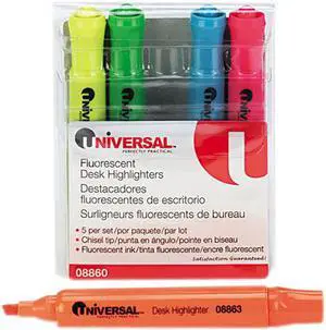 UNIVERSAL Desk Highlighter Chisel Tip Fluorescent Colors 5/Set 08860