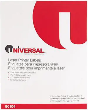 Universal 80104 Laser Printer Permanent Labels  4 x 1  White  100 Sheets  2000 per Box