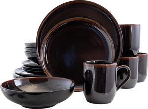 Elama Midnight Beach 16 Piece Round Stoneware Dinnerware Set in Metallic Black