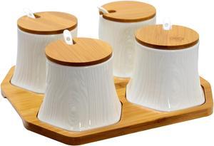 Elama Ceramic Spice, Jam and Salsa Jars with Bamboo Lids & Serving Spoons EL-379