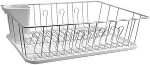 Mega Chef 17.5 Inch White Single Level Dish Rack with 14 Plate Positioners and a Detachable Utensil Holder