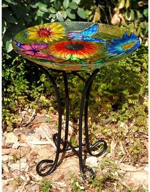 Hi-Line Gift Solar Floral Glass Butterfly Bird Bath with Stand Hi-Line Gift Solar Floral Glass Butterfly Bird Bath with Stand