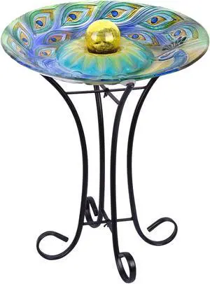 Hi-Line Gift Solar Orb Peacock Glass Bird Bath with Stand Hi-Line Gift Solar Orb Peacock Glass Bird Bath with Stand