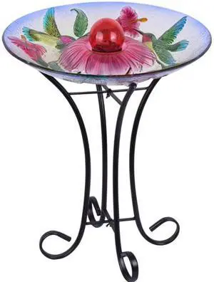 Hi-Line Gift Solar Orb Floral Glass Hummingbird Bird Bath with Stand Hi-Line Gift Solar Orb Floral Glass Hummingbird Bird Bath with Stand
