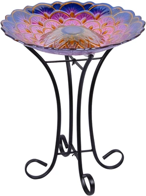 Hi-Line Gift LED Solar Floral Glass Bird Bath with Stand Hi-Line Gift LED Solar Floral Glass Bird Bath with Stand