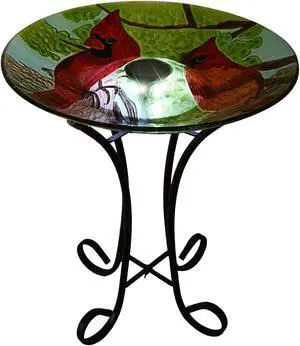Hi-Line Gift Solar LED Floral Glass Bird Bath with Stand - Cardinal Hi-Line Gift Solar LED Floral Glass Bird Bath with Stand - Cardinal
