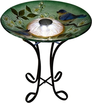 Hi-Line Gift LED Solar Floral Glass Bird Bath with Stand - Blue Bird & Peach Blossom Hi-Line Gift LED Solar Floral Glass Bird Bath with Stand - Blue Bird & Peach Blossom