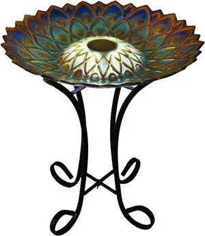 Hi-Line Gift LED Solar Peacock Blue Geometric Glass Bird Bath with Stand Hi-Line Gift LED Solar Peacock Blue Geometric Glass Bird Bath with Stand