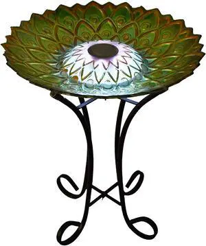 Hi-Line Gift LED Solar Peacock Green Geometric Glass Bird Bath with Stand Hi-Line Gift LED Solar Peacock Green Geometric Glass Bird Bath with Stand