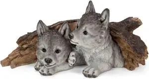 Hi-Line Gift Grey Wolf Cubs Hiding Under Log Statue Hi-Line Gift Grey Wolf Cubs Hiding Under Log Statue