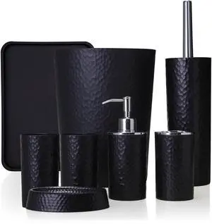 Rosewill Bathroom Accessories 8-Piece Set – Trash Can, Toilet Brush with Holder, Lotion Dispenser, Toothbrush Holder, 2 Toothbrush Cups, Soap Dish & Tray - Black