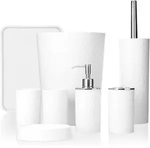Rosewill Bathroom Accessories 8-Piece Set – Trash Can, Toilet Brush with Holder, Lotion Dispenser, Toothbrush Holder, 2 Toothbrush Cups, Soap Dish & Tray - White